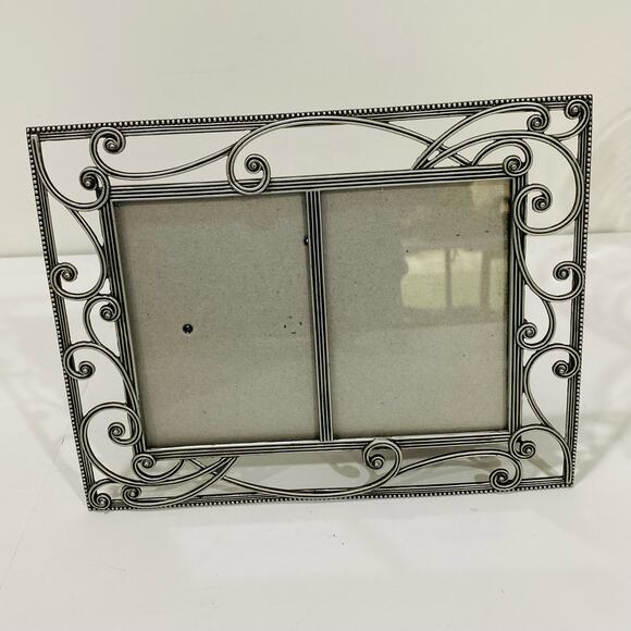 Burnes of Boston Silvertone Pewter Metal double picture frame Art Nouveau style - Picture 1 of 6